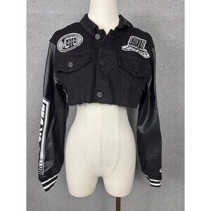 Smoke Rise Red Women's Cropped Black Moto Jacket Faux Leather Sleeves Large NWTs